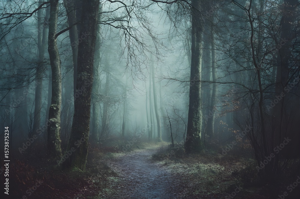 Fototapeta premium Winter forest trail with mist and desaturated tones – generative AI