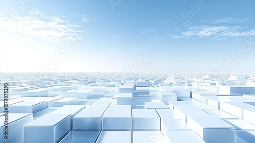 Expansive field of light blue cubes under a bright sky.  A serene, minimalist digital landscape