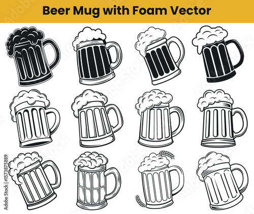Black and White Line Art of Beer Mugs with Foamy Heads