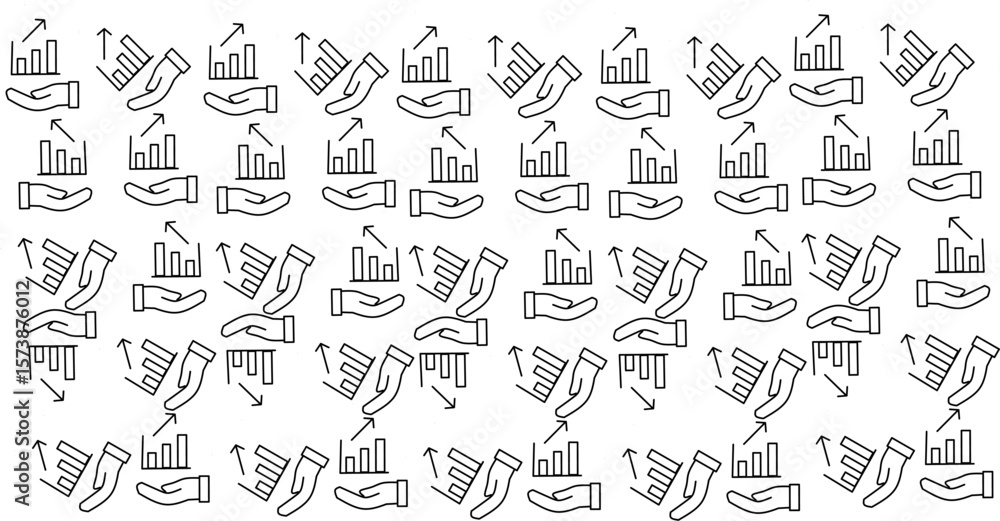 Seamless pattern of business growth icons featuring bar charts, arrows, and hands on a white background. Ideal for finance, investment, or economic-themed designs. Seamless pattern of business growth icons featuring bar charts, arrows, and hands on a white background. Ideal for finance, investment, or economic-themed designs.