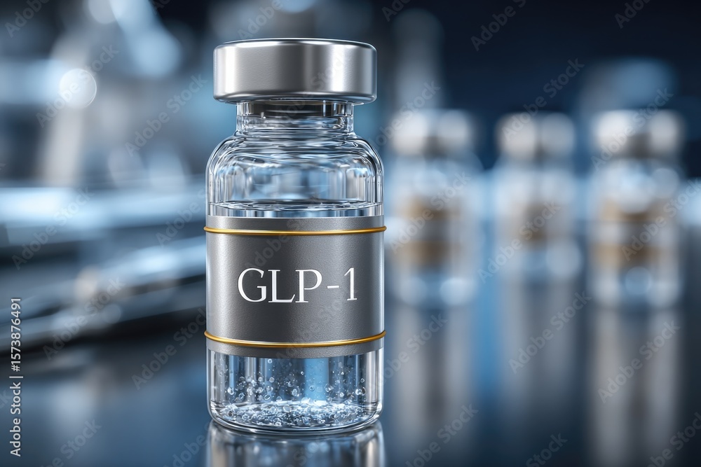 Obraz premium Clear glass vial showcases GLP-1 label, symbolizing modern weigh