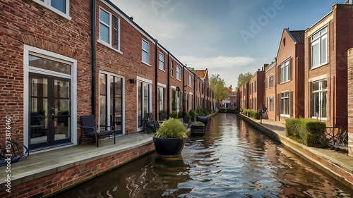 Fototapeta Naklejka Na Ścianę i Meble -  Dutch style terrace housing, narrow design, brick texture, canal background