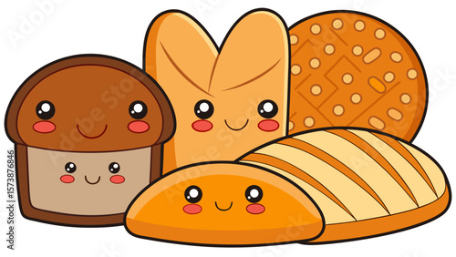 Cute cartoon vector illustration of a happy kitten with bread and milk