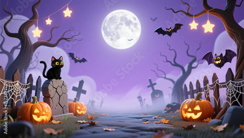 cartoon halloween graveyard with black cat glowing pumpkins bats ghost tombstones spider webs twisted trees and starry night background banner backdrop illustration