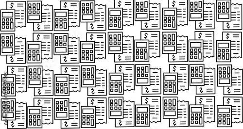 Seamless pattern of calculators and receipts in black outline on white. Perfect for accounting, finance, budgeting, bookkeeping, and business-themed backgrounds or designs.