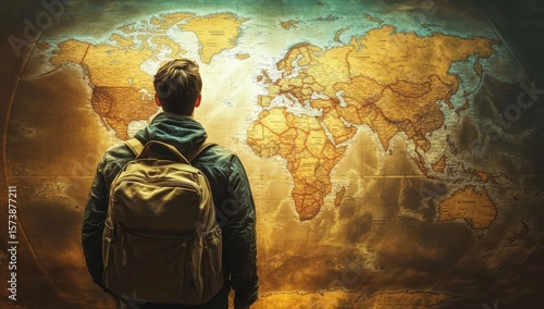 A person with a backpack studies a large vintage world map on a wall, suggesting travel or exploration aspirations.