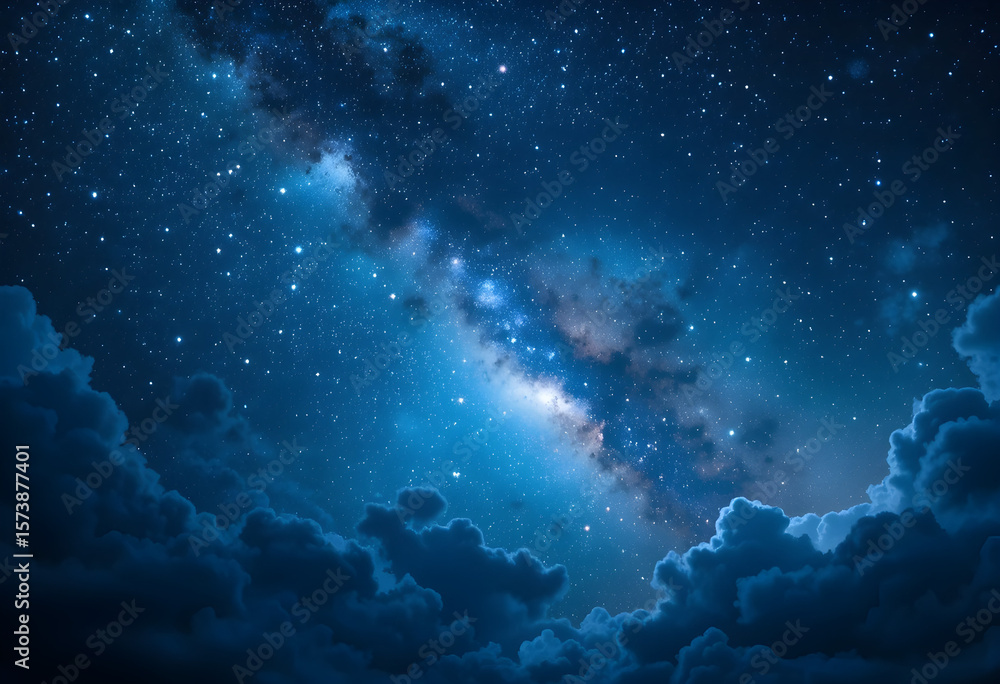 Obraz premium Stunning Milky Way Galaxy Night Sky with Star Clusters and Cosmic Clouds Illuminated in Deep Blue and White Light