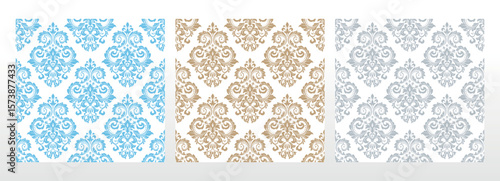 Wallpapers in the style of Baroque.. Set of colored floral ornaments. Seamless vector backgrounds Graphic patterns for fabric, wallpaper, packaging. Ornate Damask flower illustration