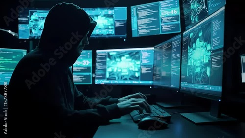 Cybersecurity Vigil: A hooded figure sits intently before multiple computer screens displaying complex data streams, symbolizing the constant battle against cyber threats.
