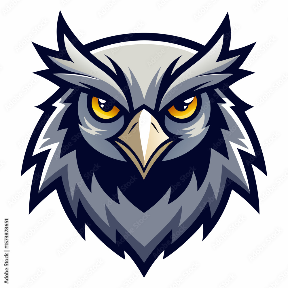 Fierce gray owl mascot head with intense yellow eyes and sharp feathers Fierce gray owl mascot head with intense yellow eyes and sharp feathers