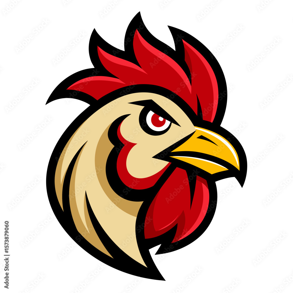 Aggressive rooster head mascot with red comb and yellow beak Aggressive rooster head mascot with red comb and yellow beak