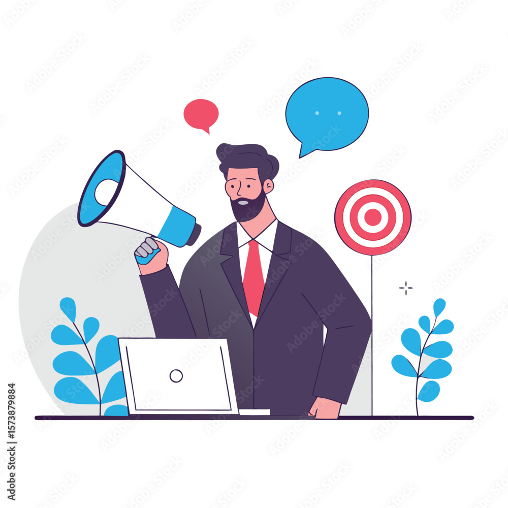 Businessman with Megaphone Announcing Promotion Target and Communication with Laptop Illustration Businessman with Megaphone Announcing Promotion Target and Communication with Laptop Illustration