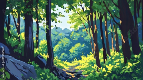 Summer forest in northern landscapes with vibrant green foliage