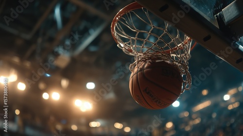 Exciting basketball slam dunk indoor arena sports action nighttime dynamic perspective energy and skill