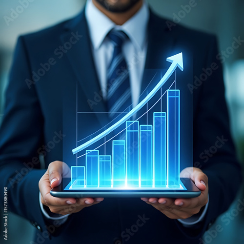Businessman shows financial growth graph on a tablet, symbolizing market success and profit