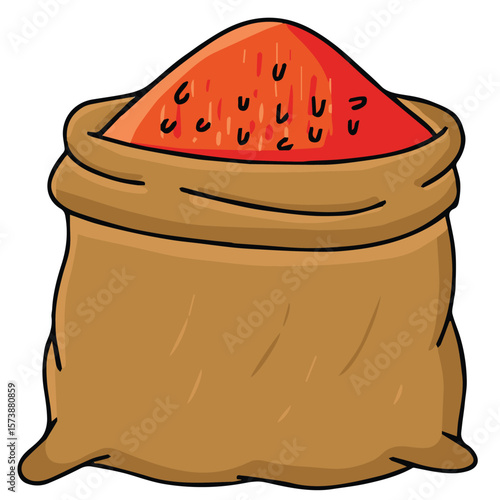 Cute cartoon hand drawn vector sack of full red chilly powder clipart.