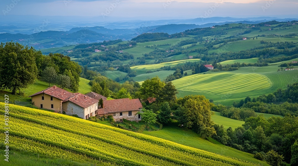 Fototapeta premium Serene hillside farmhouses nestled amidst rolling green hills and vibrant yellow fields under a partly cloudy sky