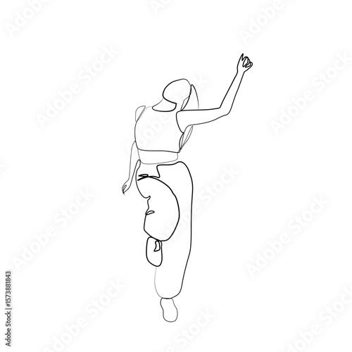 Minimal one line illustration of a female dancer in motion, mid-jump with one hand reaching upward. Expressive modern dance pose with abstract elegance.