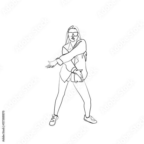 One line drawing of a confident young woman dancing in a loose jacket and sunglasses. Urban street dance pose with expressive movement. Minimalist black and white vector illustration.