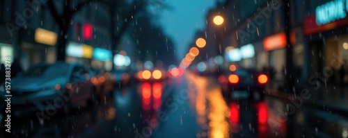 Rainy City Night Blurry Street Scene, Melancholic Atmosphere, Silhouetted Reflections
