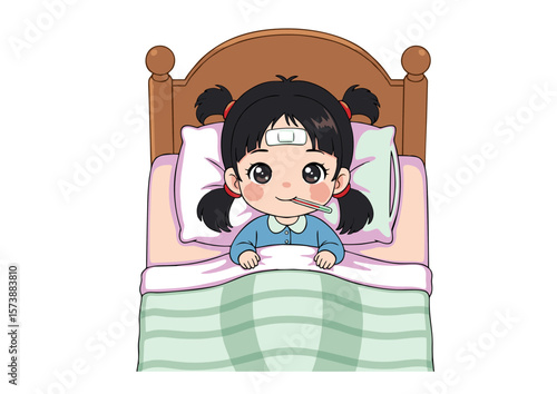 Cartoon Girl with Fever in Bed Holding Thermometer Band-Aid on Forehead.