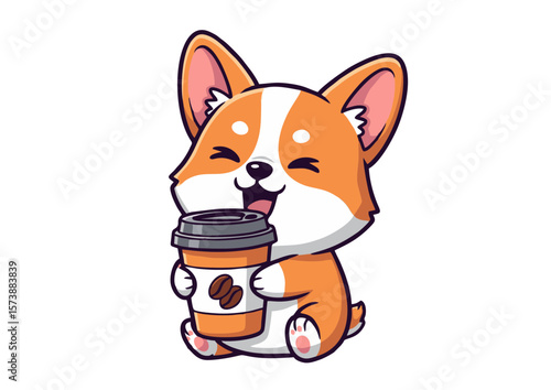 Cartoon Corgi Holding Coffee Cup with Coffee Beans Illustration.