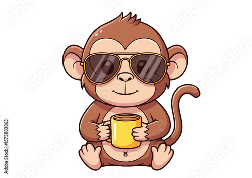 Cute Cartoon Monkey Wearing Sunglasses Holding a Mug of Coffee.