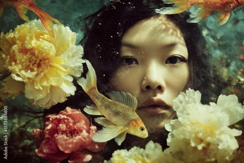 Underwater scene of a beautiful young girl with fishes and flowers created using ai generated image tools in a creative portrait style