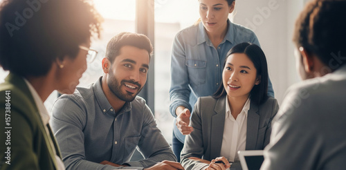 A diverse group of professionals is having a collaborative discussion in a sunlit office, with a woman standing and actively engaging with her seated colleagues.