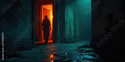 Shadowy Figure Vanishes Around Dark Corner, Leaving Mystery and Unease; Abandoned Object Hints at Hidden Secret