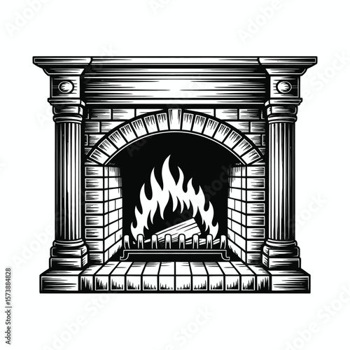 Vintage Fireplace Illustration with Burning Firewood in Black and White