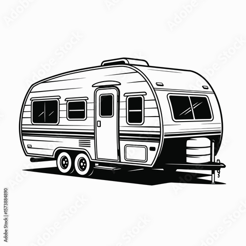 Monochrome illustration of a vintage camper trailer for travel adventures