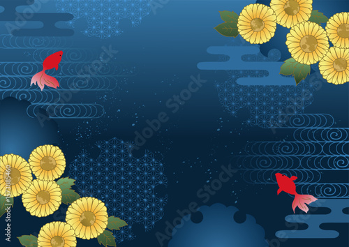 和柄 涼しげな向日葵と金魚 ベクター背景 日本の夏 紺色 Japanese pattern cool sunflowers and goldfish vector background japanese summer navy blue
