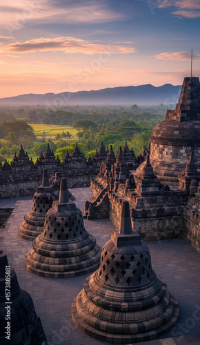 Scenic morning atmosphere at Borobudur Temple – world’s largest Buddhist monument in tranquil sunrise setting