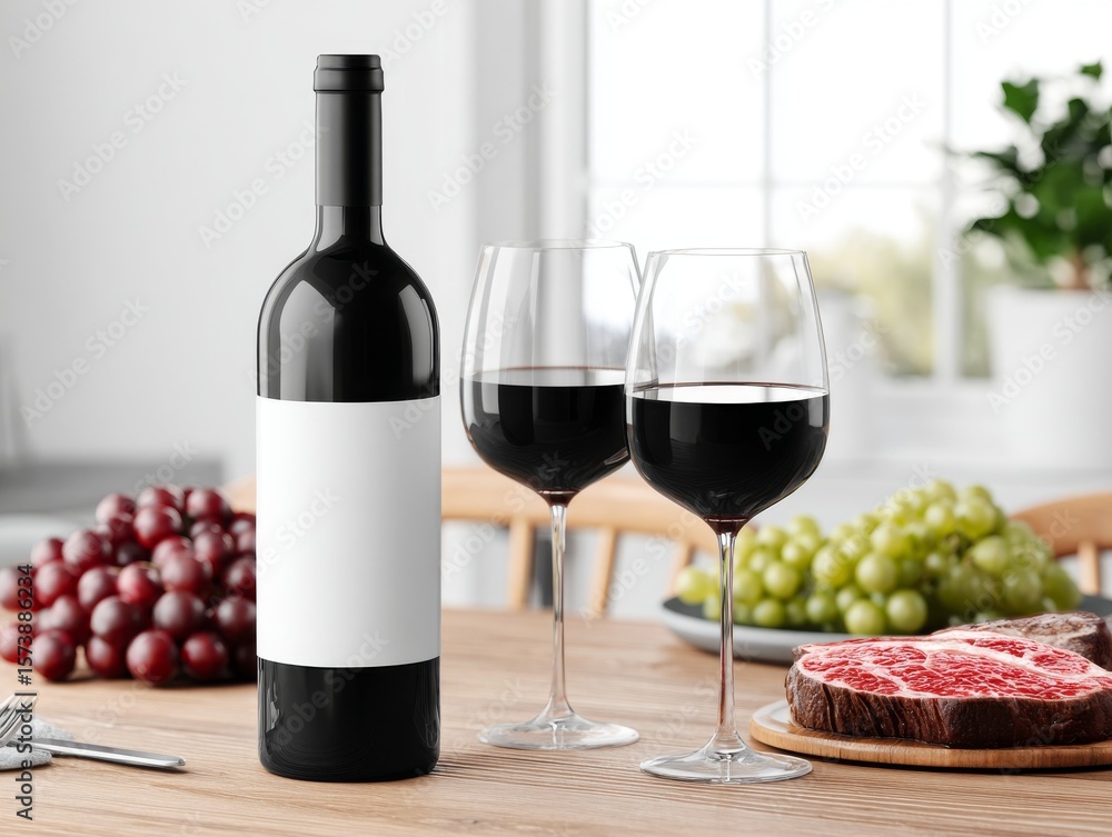 Obraz premium A bottle of red wine with its label blank is paired with grapes and a serving plate offering a fresh and juicy steak