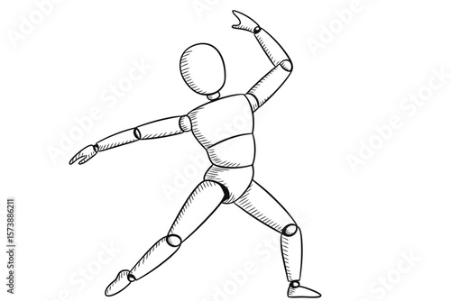 Wooden Mannequin in Dynamic Pose Hand Drawn Style Isolated on White