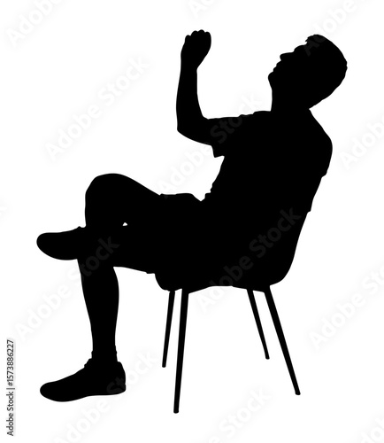 Silhouette of man sitting on chair, side view. The person pretends to be holding something in his hand and drinking. Vector illustration