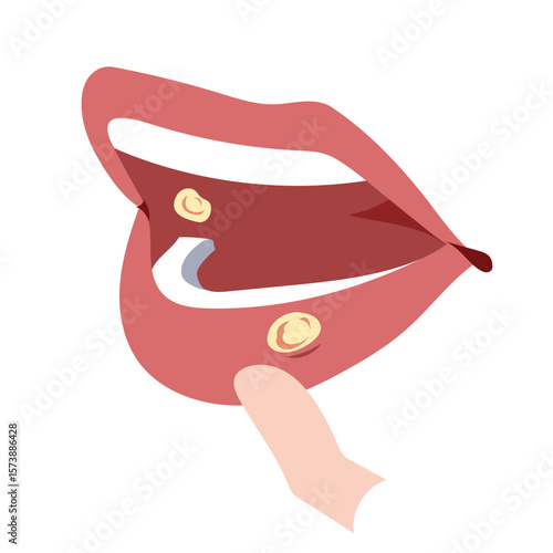 Painful mouth ulcers on human mouth illustration isolated on square white background. Simple flat colorful drawings with cartoon style.