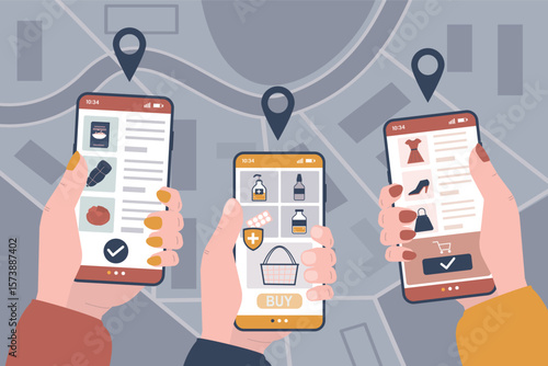 Consumers hands hold mobile phones and order various goods and products. Online delivery of parcels to different addresses in city. Map with navigation pins for the courier.
