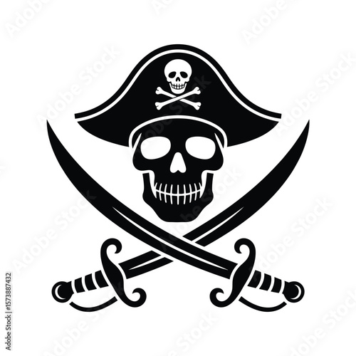 Pirate Skull and Crossbones with Hat and Swords Vector Illustration