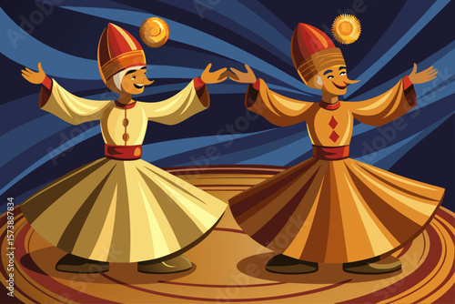 vector of Two wooden dervish statues with a beautiful face spinning...