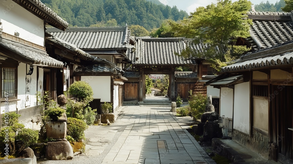 Fototapeta premium Serene pathway through traditional Japanese architecture, lined with buildings, lush greenery, and stone sculptures, leading to a wooden gate