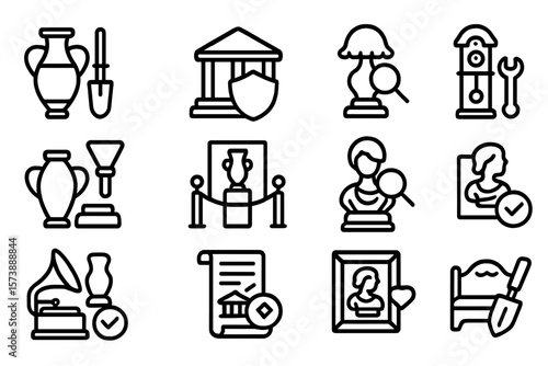 Antique art icon set: linear collection of historical and museum artifacts