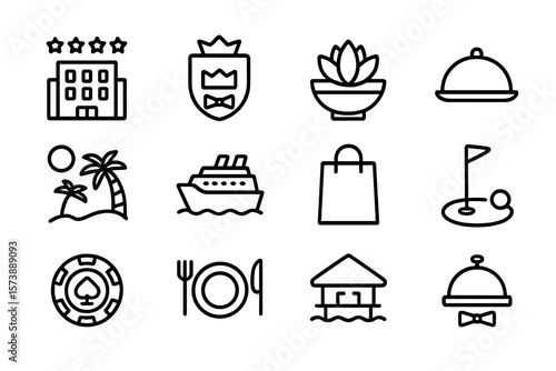 Linear icons for hospitality and travel: hotel, cruise, spa, dining, shopping