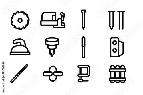 Set of linear tool icons on dark background for construction and carpentry