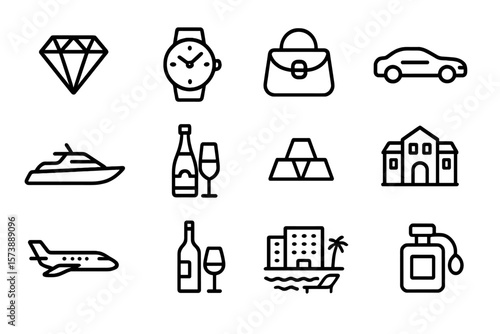 Luxury line art icons featuring jewelry, travel, and fashion elements in minimalist style