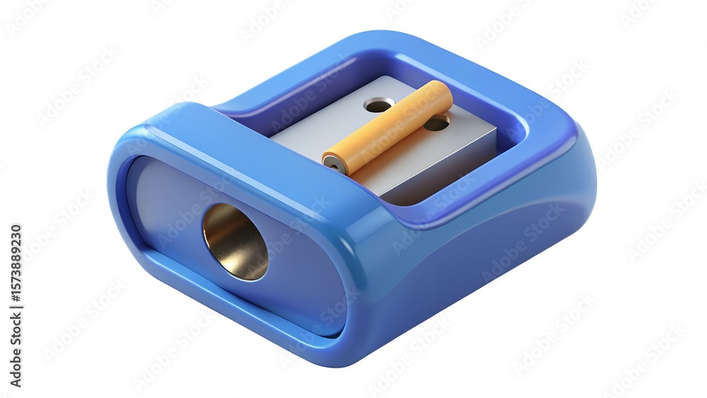 Fototapeta premium Close up of a modern blue pencil sharpener with a yellow pencil stub isolated on white
