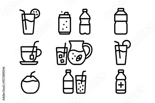 Minimalist beverage icon set featuring drinks in outline style