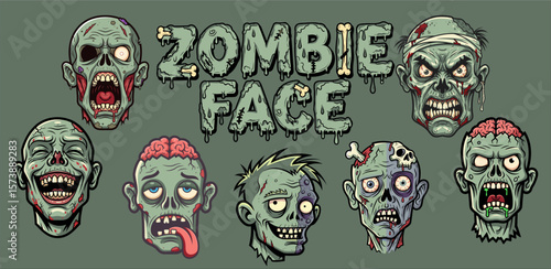 Zombie Face Vector Collection – A Set of Unique and Creepy Zombie Head Illustrations with Varied Expressions in Cartoon and Horror Style