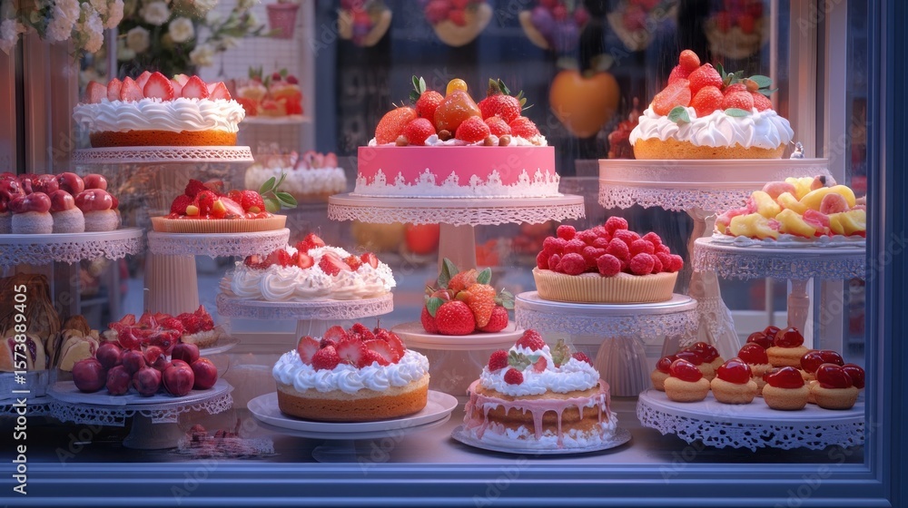 Delicious pastries and cakes displayed in a bakery window. Delicious pastries and cakes displayed in a bakery window.